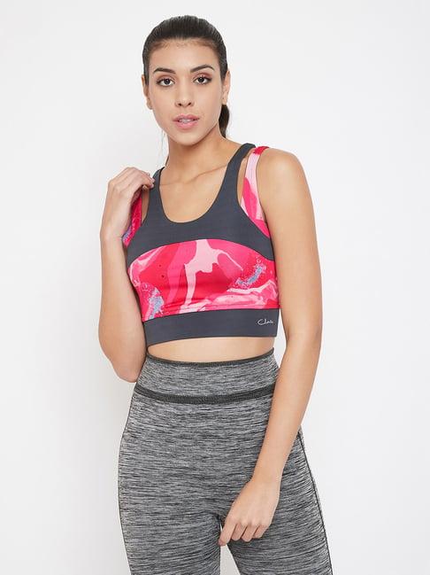 clovia pink & grey non wired padded sports bra