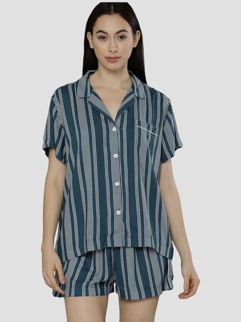 chemistry blue cotton striped shirt short set