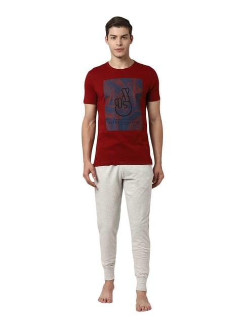 peter england maroon cotton regular fit printed t-shirt & joggers set