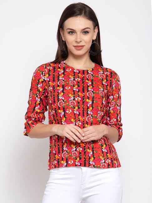 style quotient women coral and multi floral printed rayon smart casual top