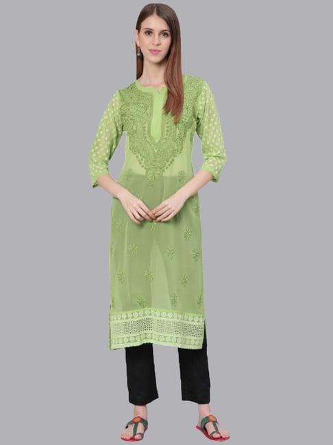 saadgi green chikankari round neck kurta pant set