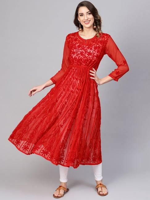 saadgi red embroidered anarkali kurta with dupatta