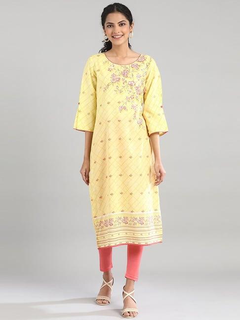 aurelia yellow floral print straight kurta