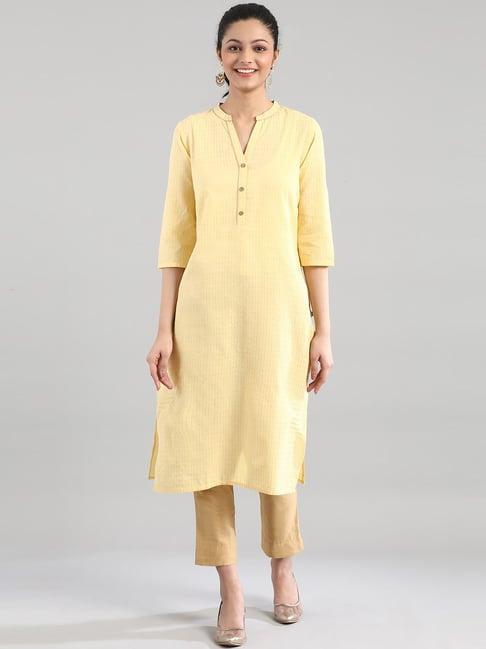 aurelia yellow cotton striped straight kurta