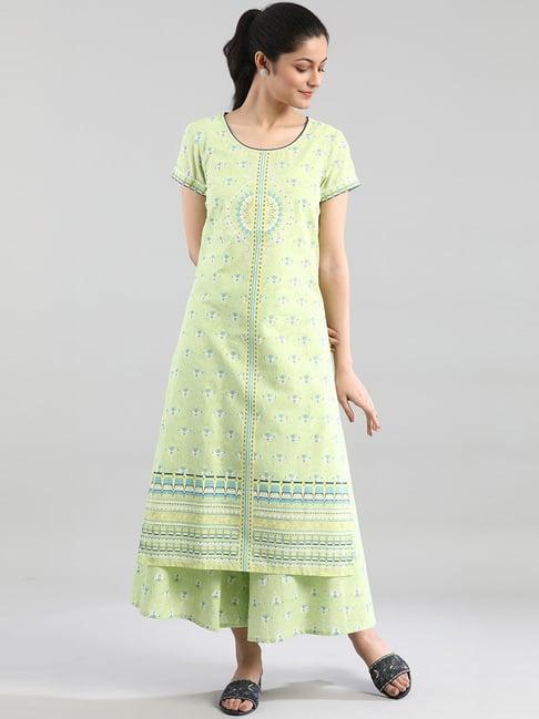 aurelia green cotton printed straight kurta