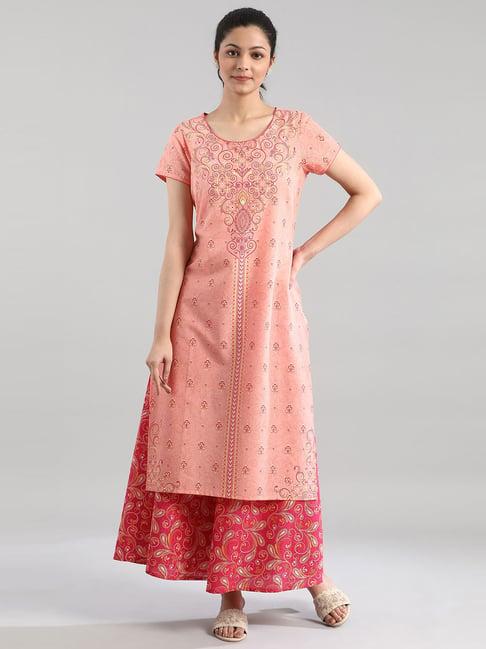 aurelia peach cotton printed straight kurta