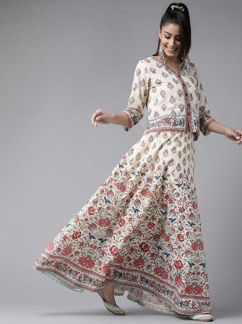 juniper beige floral printed pure cotton lehenga choli with gota work