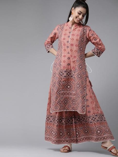 juniper peach geometric printed pure cotton kurta & palazzo set with lace work