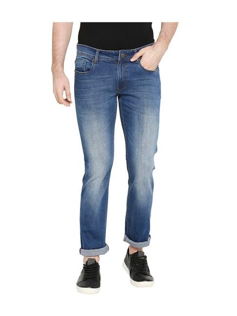 basics dark blue low rise heavily washed jeans