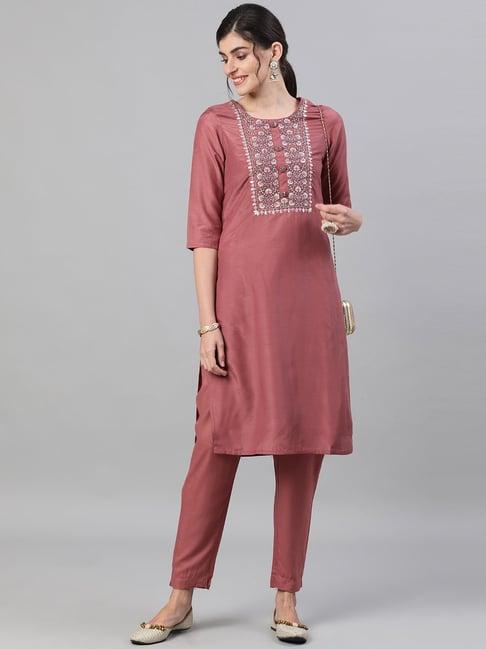 ishin peach embellished kurta pant set