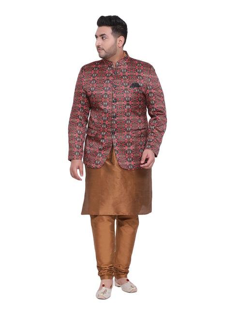 hangup brown regular fit printed kurta bottom & jacket set