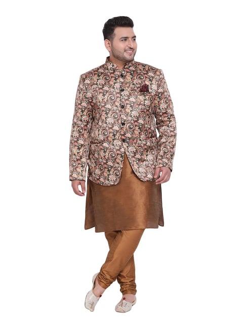 hangup brown regular fit printed kurta bottom & jacket set