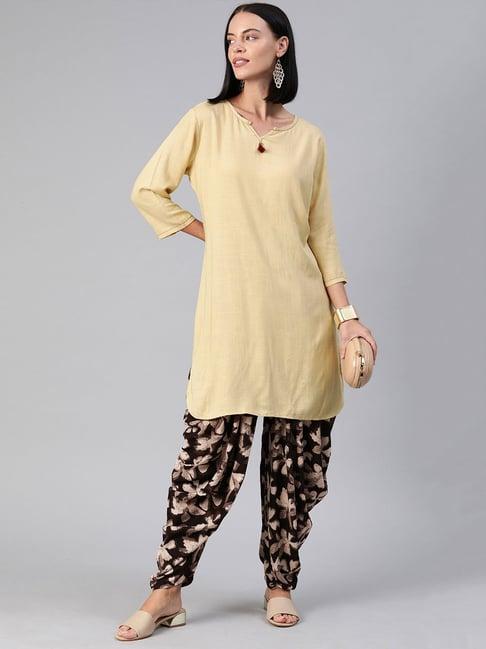 geroo jaipur beige solid rayon kurta with hand block printed black dhoti