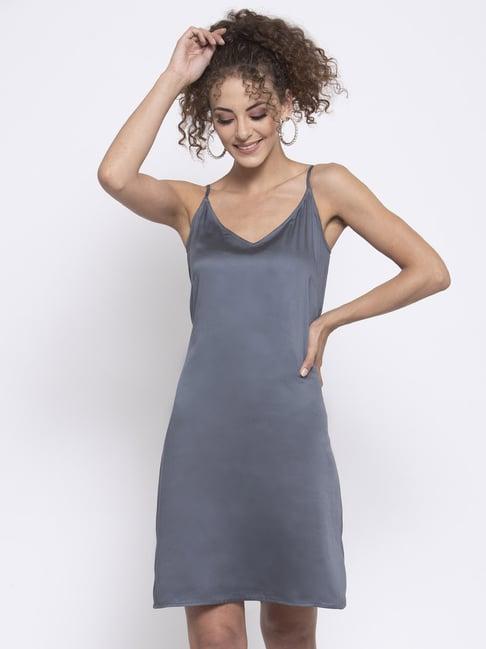 lela steel blue regular fit spaghetti dress