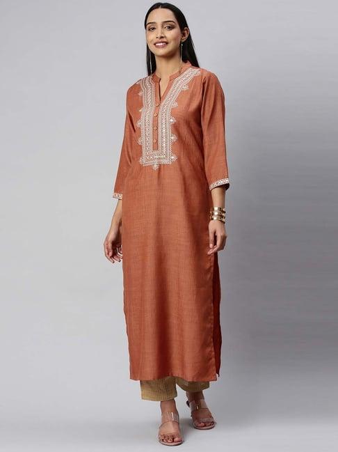 ksut brown embellished straight kurta