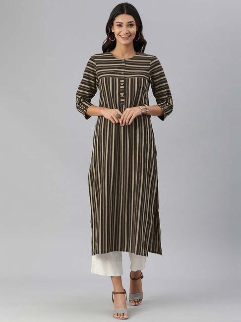 ksut beige & brown cotton striped straight kurta