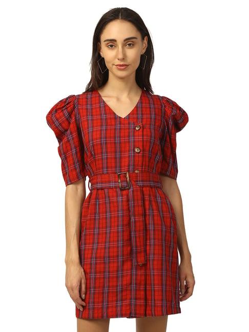 elle red check shift dress