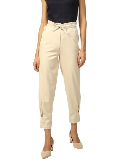 elle beige tapered fit pleated crop pants