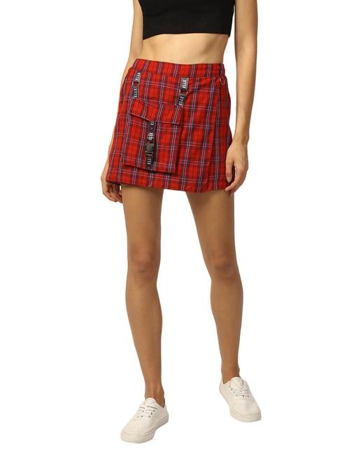 elle red check skort skirt