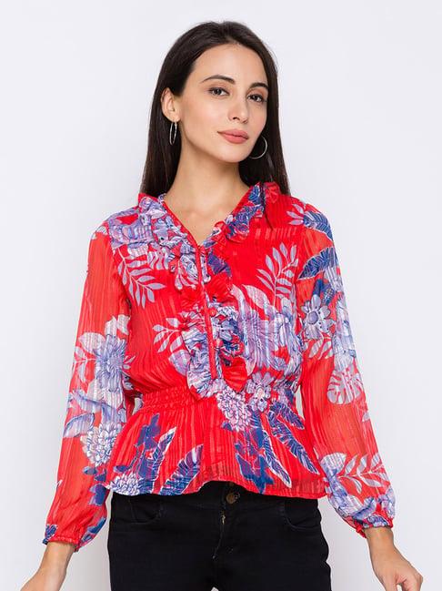 globus red floral print peplum top