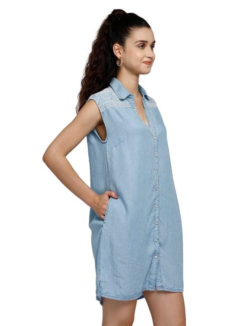 aditi wasan blue embroidered shirt dress