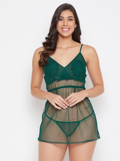 clovia green self design babydoll with thong