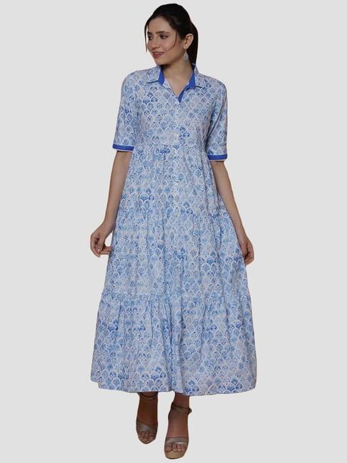 rangriti blue cotton printed a-line dress