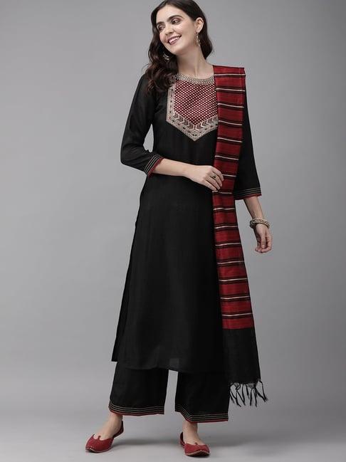 indo era black round neck kurta with palazzo & dupatta