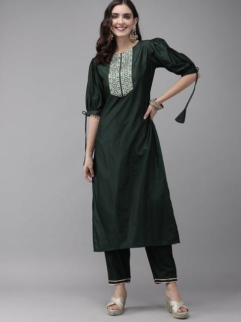 indo era green round neck kurta pant set