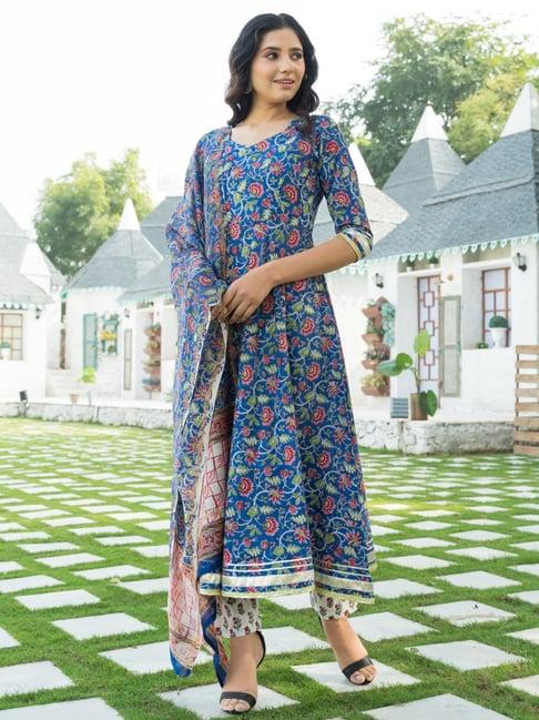 pheeta blue & off-white cotton printed kurta pant set with dupatta