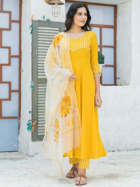 pheeta yellow striped kurta pant set with dupatta