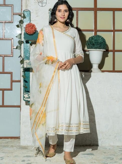 pheeta white cotton kurta pant set with dupatta