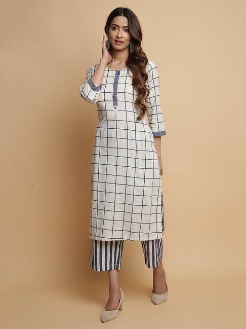 biba off white check kurta & palazzo set