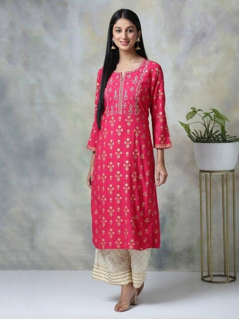 biba fuchsia & beige printed kurta & palazzo set