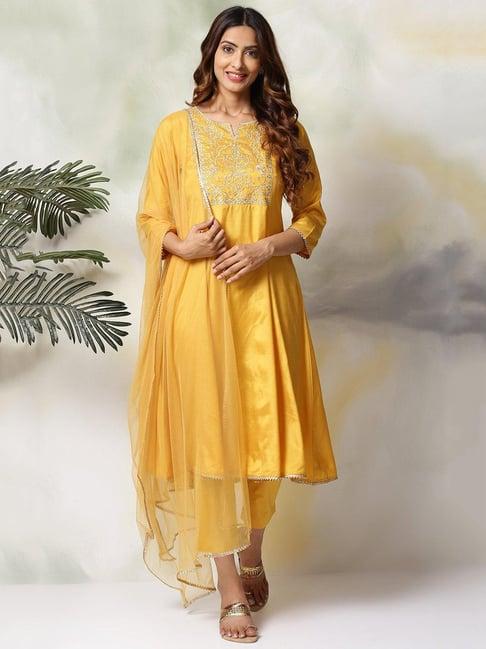 biba yellow embroidered kurta with pant & dupatta