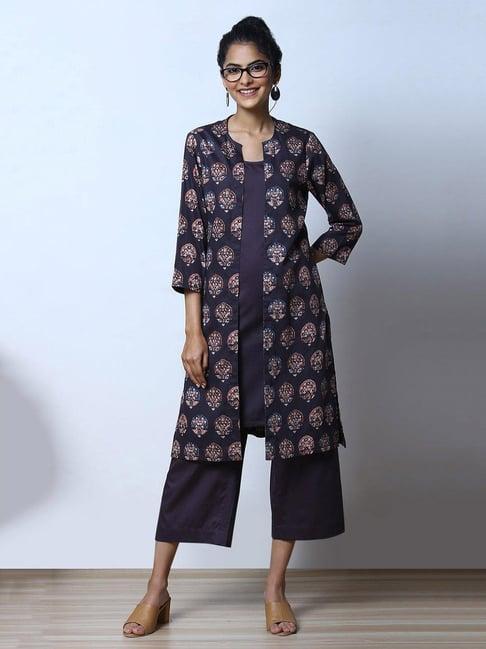 biba navy printed kurta & palazzo set with jacket