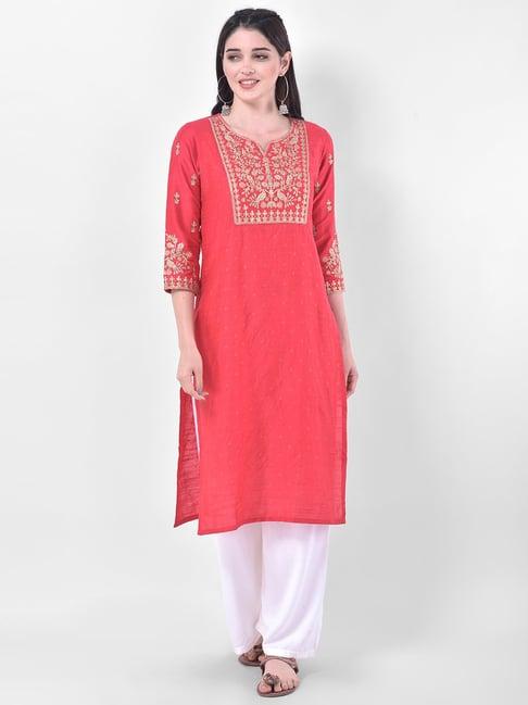 span peach embellished straight kurta