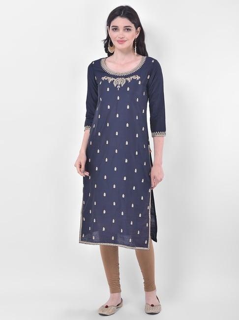 span navy embellished straight kurta