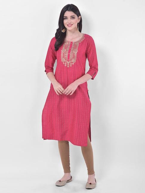 span pink cotton embellished straight kurta