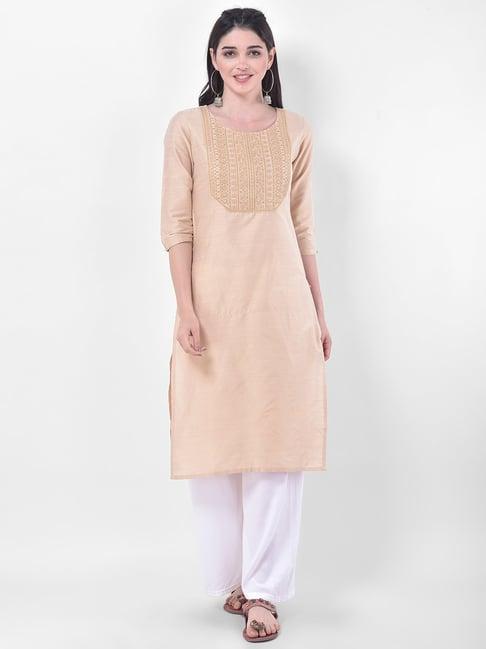 span beige embellished straight kurta