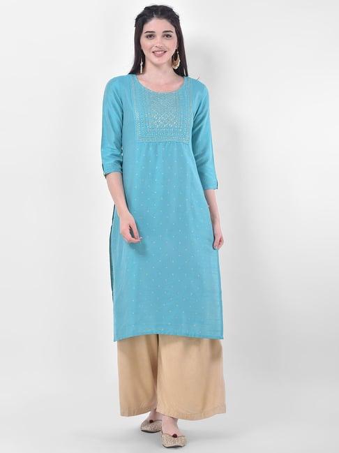 span turquoise embellished straight kurta