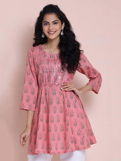 biba pink printed fit & flare kurti