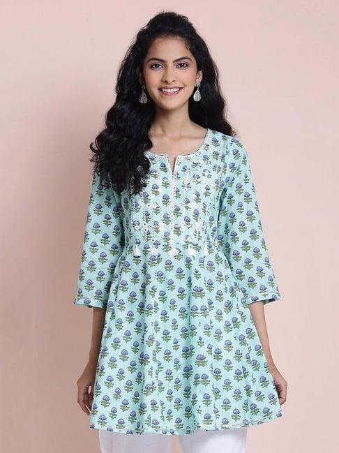 biba turquoise printed fit & flare kurti