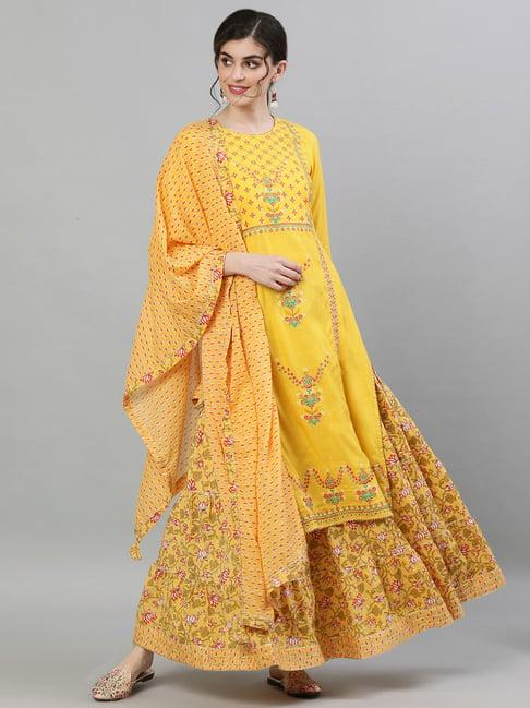 ishin yellow embroidered kurta skirt set