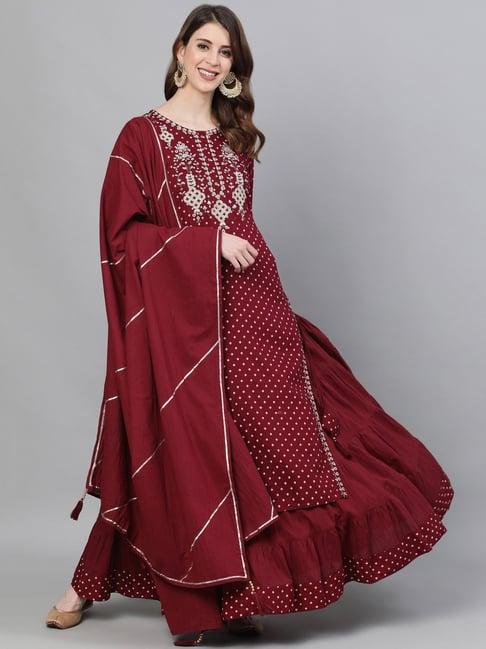 ishin maroon embroidered kurta skirt set