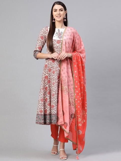 rain and rainbow white & orange printed kurta with pant & dupatta