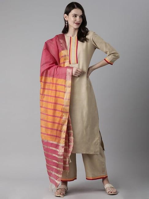 indo era khaki kurta with palazzo & dupatta