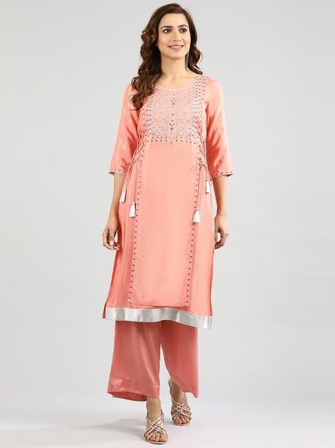 aurelia peach embellished kurta palazzo set with dupatta