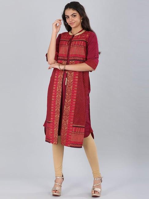 aurelia maroon cotton printed straight kurta with jacket