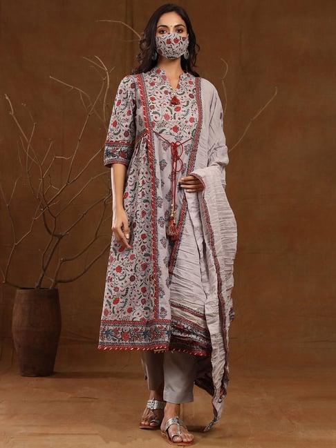 juniper grey floral printed pure cotton kurta pants & dupatta set with tassels & lace